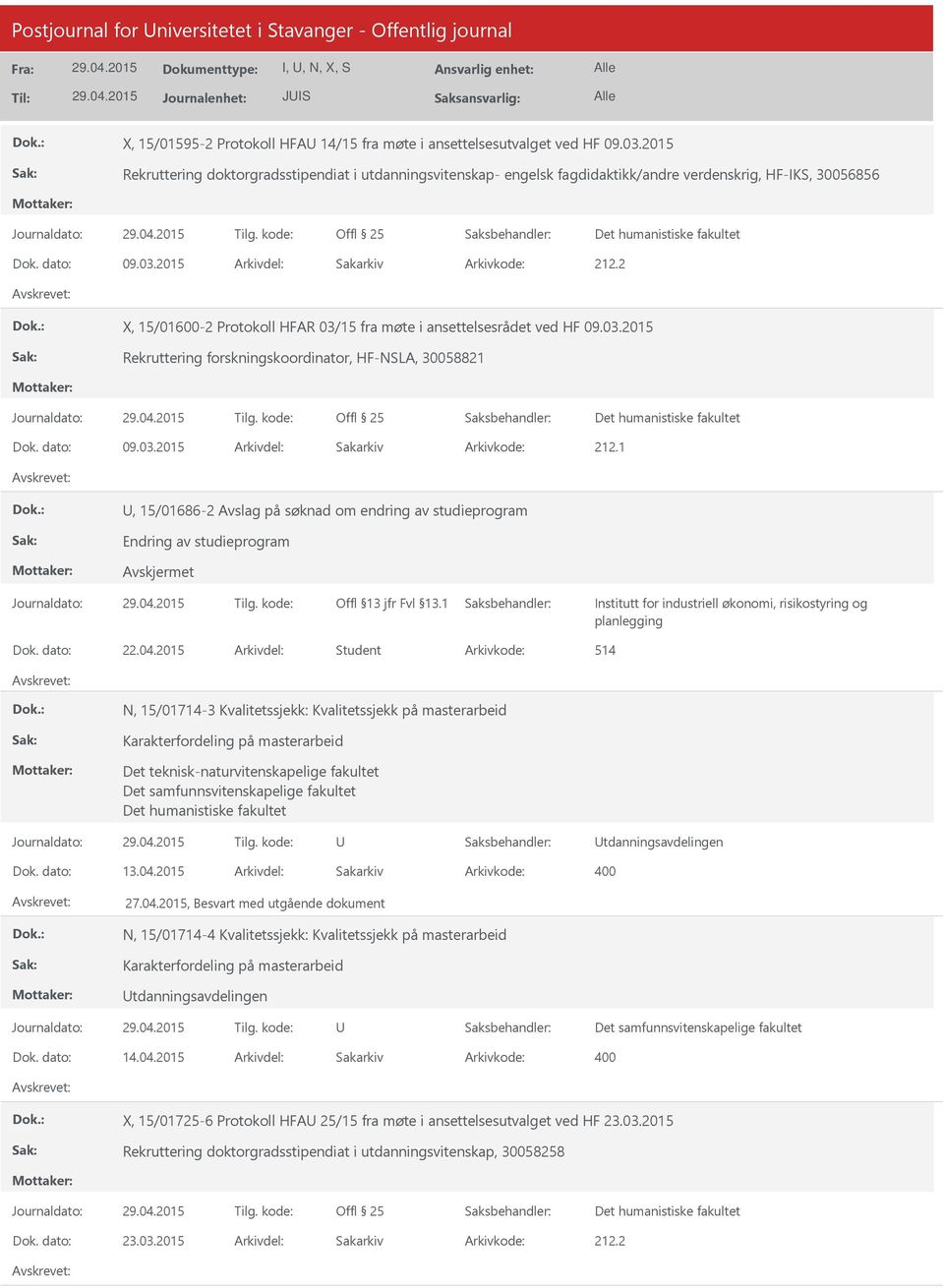 2015 Arkivdel: Sakarkiv X, 15/01600-2 Protokoll HFAR 03/15 fra møte i ansettelsesrådet ved HF 09.03.2015 Rekruttering forskningskoordinator, HF-NSLA, 30058821 Dok. dato: 09.03.2015 Arkivdel: Sakarkiv Arkivkode: 212.