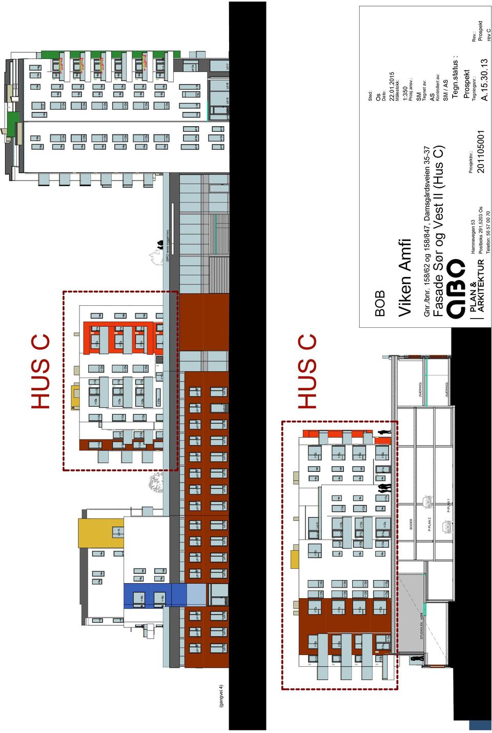 158/62 og 158/847, Damsgårdsveien 35-37 Fasade Sør og Vest II (Hus C) SM Tegnet av: AS Kontrollert av: