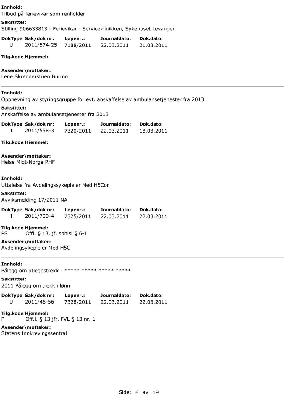 2011 Helse Midt-Norge RHF ttalelse fra Avdelingssykepleier Med H5Cor Avviksmelding 17/2011 NA 2011/700-4 7325/2011 Avdelingsykepleier Med H5C Pålegg om