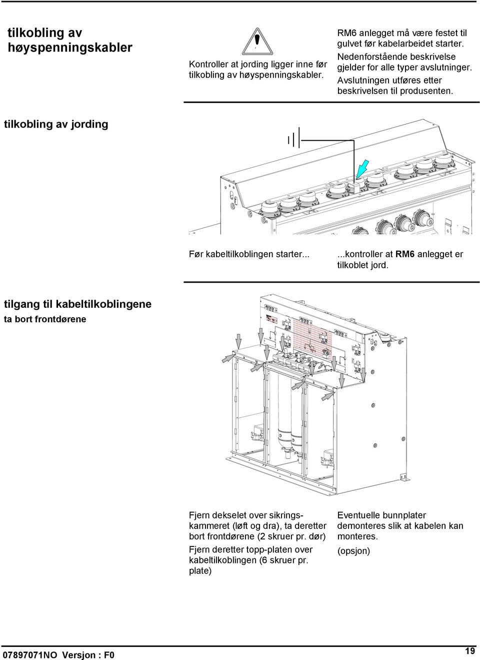 tilkobling av jording Før kabeltilkoblingen starter......kontroller at RM6 anlegget er tilkoblet jord.