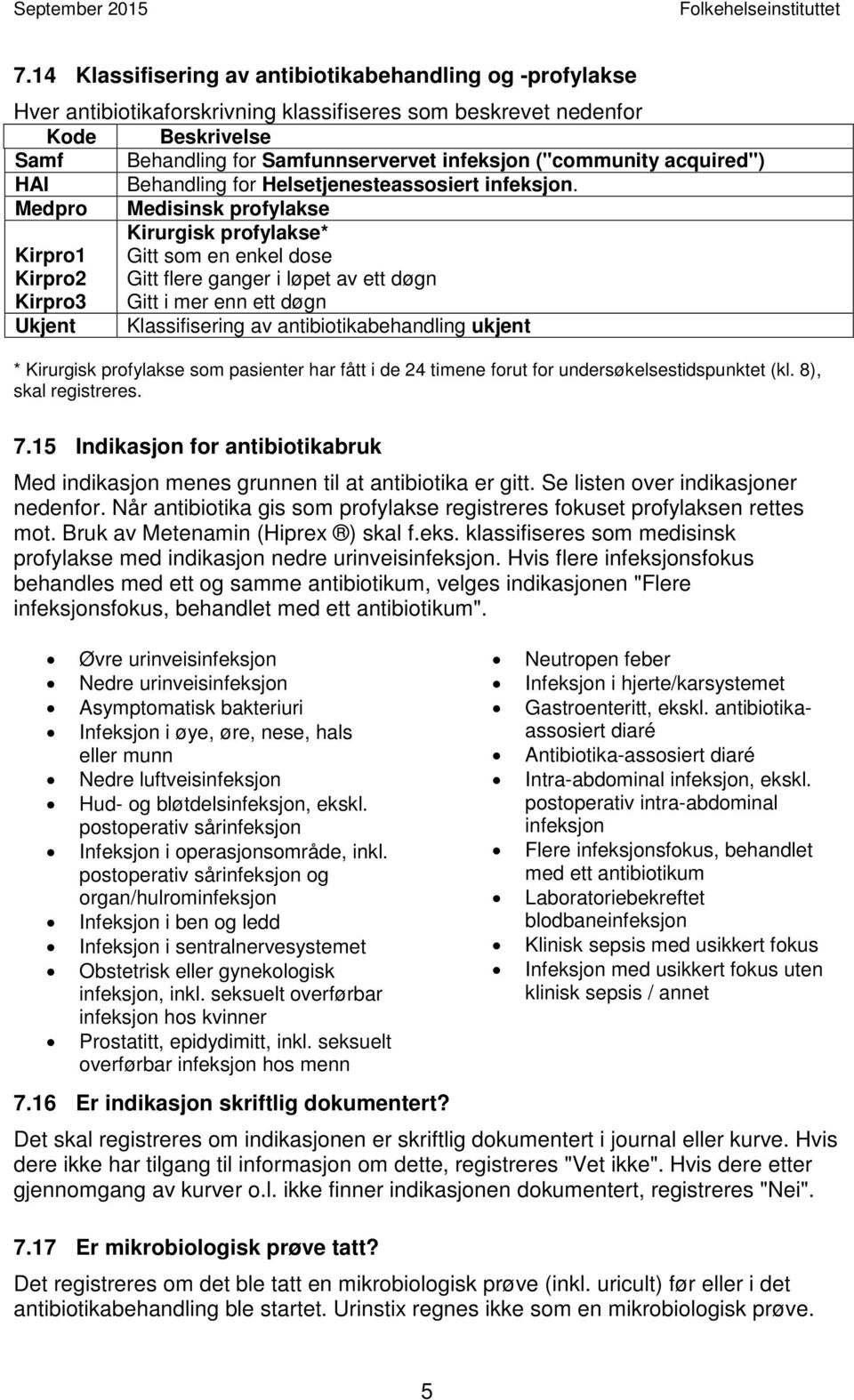 Medpro Medisinsk profylakse Kirurgisk profylakse* Kirpro1 Gitt som en enkel dose Kirpro2 Gitt flere ganger i løpet av ett døgn Kirpro3 Gitt i mer enn ett døgn Ukjent Klassifisering av