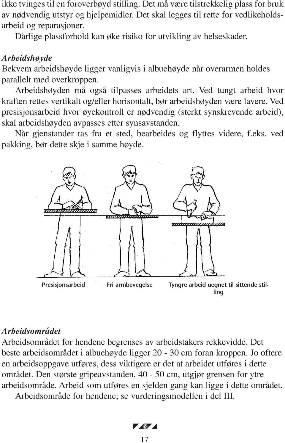 Arbeidshøyden må også tilpasses arbeidets art. Ved tungt arbeid hvor kraften rettes vertikalt og/eller horisontalt, bør arbeidshøyden være lavere.