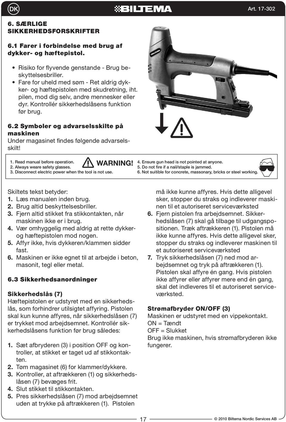 2 Symboler og advarselsskilte på maskinen Under magasinet findes følgende advarselsskilt! 1. Read manual before operation. 2. Always weare safety glasses. 3.