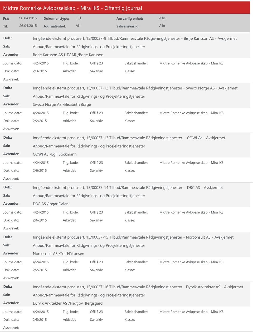 Tilbud/Rammeavtale Rådgivningstjenester - COWI As - Avskjermet COWI AS /Egil Bøckmann 2/6/2015 Inngående eksternt produsert, 15/00037-14 Tilbud/Rammeavtale Rådgivningstjenester - DBC AS - Avskjermet