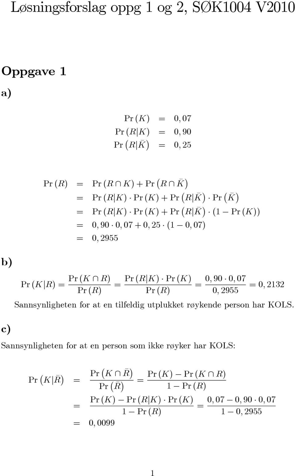 Pr (R) = 0, 90 0, 07 0, 2955 =0, 2132 Sannsynligheten for at en tilfeldig utplukket røykende person har KOLS.