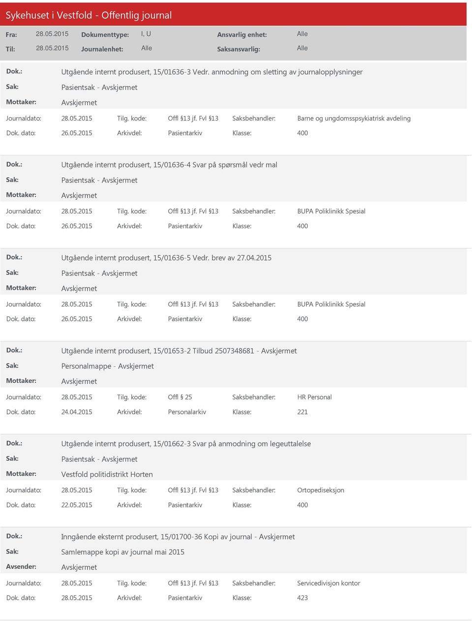 Poliklinikk Spesial Utgående internt produsert, 15/01636-5 Vedr. brev av 27.04.