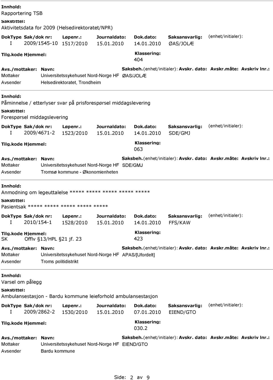 2009/4671-2 1523/2010 SDE/GMJ 063 Avs./mottaker: Navn: Saksbeh. Avskr. dato: Avskr.måte: Avskriv lnr.