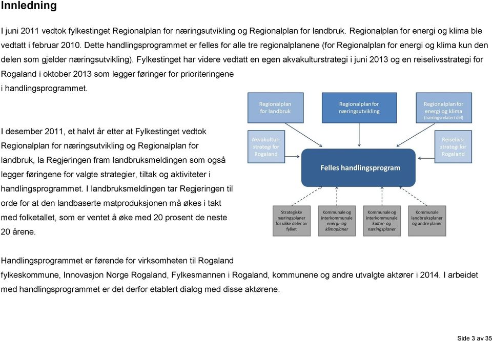 Fylkestinget har videre vedtatt en egen akvakulturstrategi i juni 2013 og en reiselivsstrategi for Rogaland i oktober 2013 som legger føringer for prioriteringene i handlingsprogrammet.