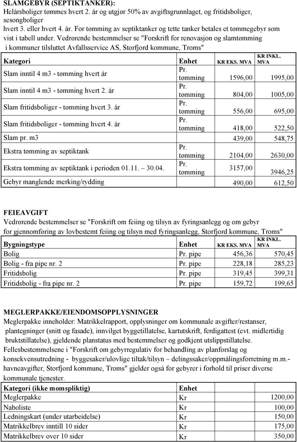 MVA Slam inntil 4 m3 - tømming hvert år tømming 1596,00 1995,00 Slam inntil 4 m3 - tømming hvert 2. år tømming 804,00 1005,00 Slam fritidsboliger - tømming hvert 3.