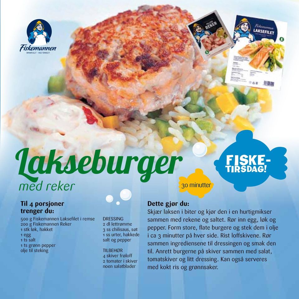 i en hurtigmikser sammen med rekene og saltet. Rør inn egg, løk og pepper. Form store, flate burgere og stek dem i olje i ca 3 minutter på hver side. Rist loffskivene.