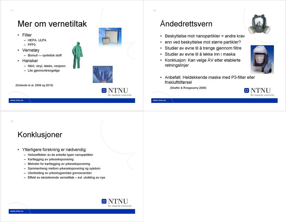 Studier av evne til å trenge gjennom filtre Studier av evne til å lekke inn i maska Konklusjon: Kan velge ÅV etter etablerte retningslinjer Anbefalt: Heldekkende maske med P3-filter eller