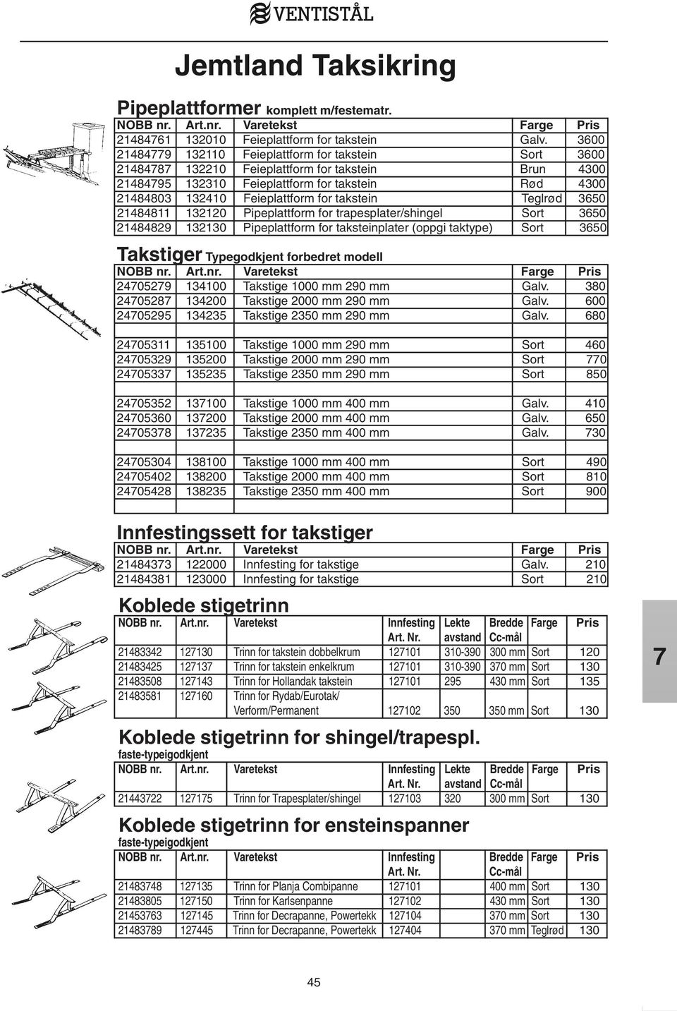 takstein Teglrød 3650 21484811 132120 Pipeplattform for trapesplater/shingel Sort 3650 21484829 132130 Pipeplattform for taksteinplater (oppgi taktype) Sort 3650 Takstiger Typegodkjent forbedret