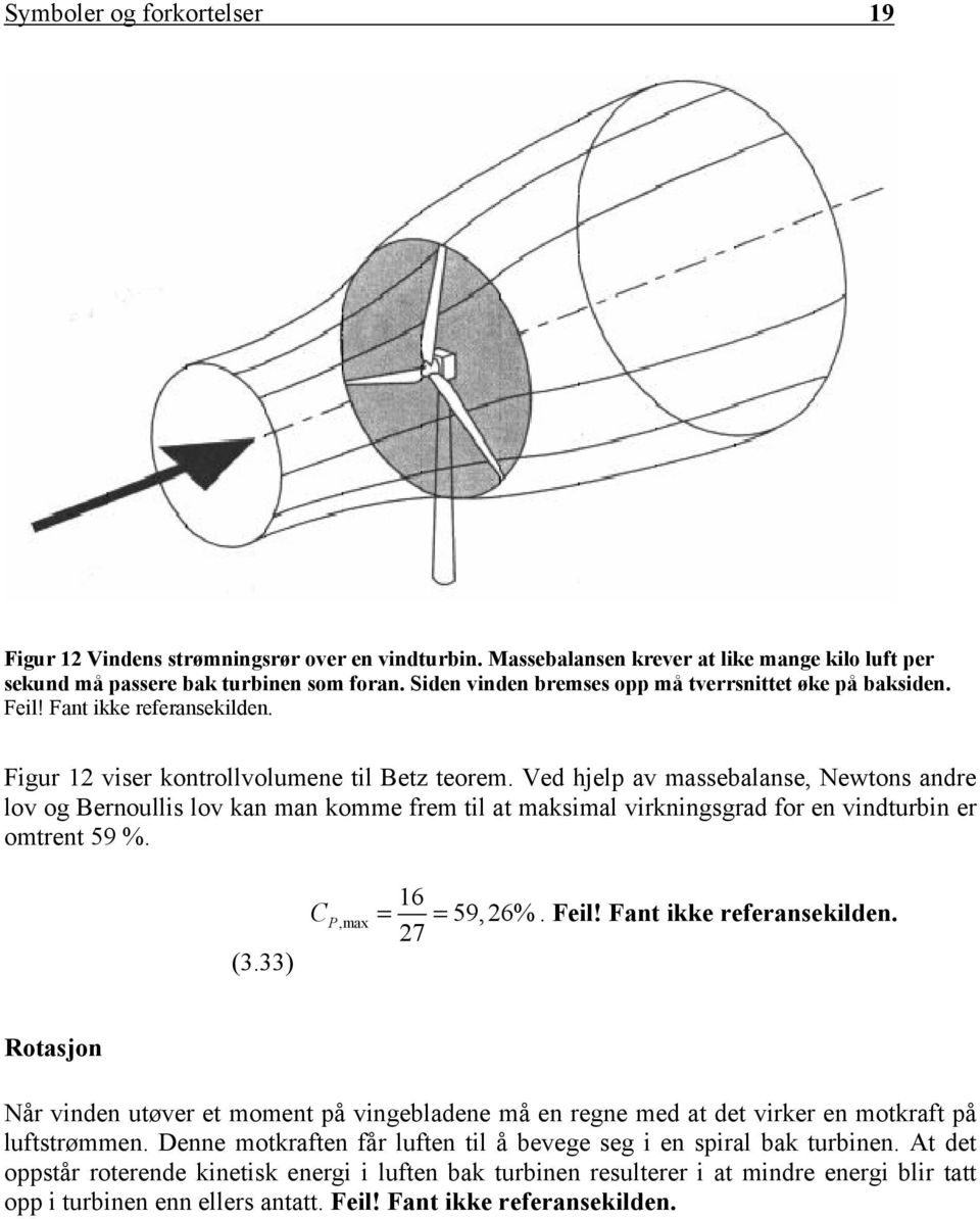 Ved hjelp av massebalanse, Newtons andre lov og Bernoullis lov kan man komme frem til at maksimal virkningsgrad for en vindturbin er omtrent 59 %. (3.33) C 16 27 P,max = = 59, 26%. Feil!