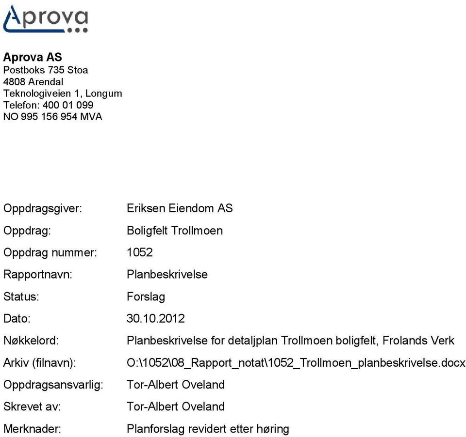 2 Rapportnavn: Planbeskrivelse Status: Forslag Dato: 30.10.