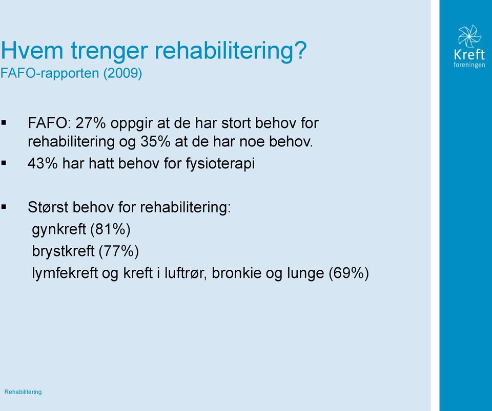 rehabilitering og 35% at de har noe behov.