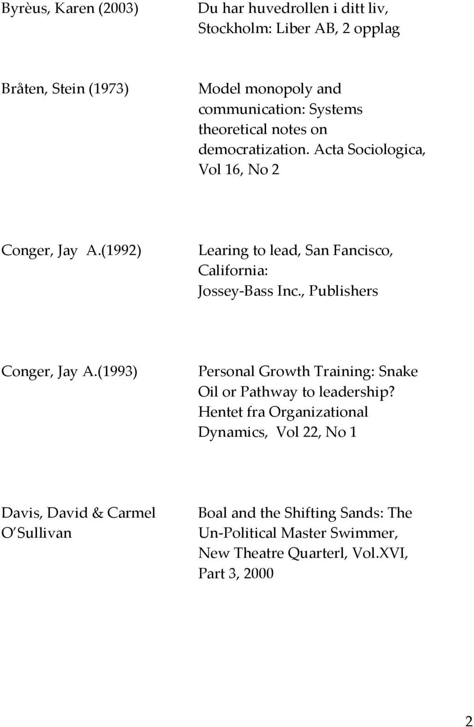 (1992) Learing to lead, San Fancisco, California: Jossey-Bass Inc., Publishers Conger, Jay A.