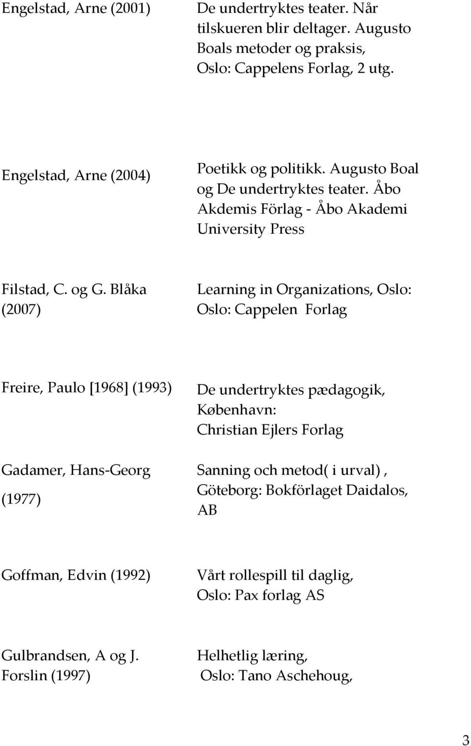 Blåka (2007) Learning in Organizations, Oslo: Oslo: Cappelen Forlag Freire, Paulo [1968] (1993) De undertryktes pædagogik, København: Christian Ejlers Forlag Gadamer,