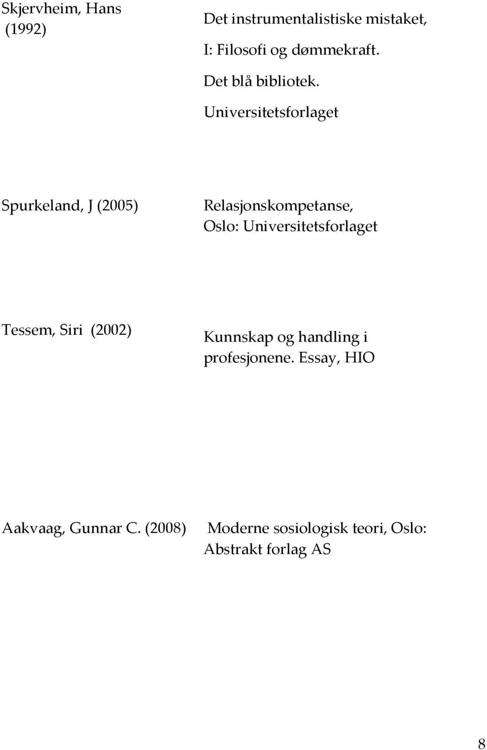 Universitetsforlaget Spurkeland, J (2005) Relasjonskompetanse, Oslo: