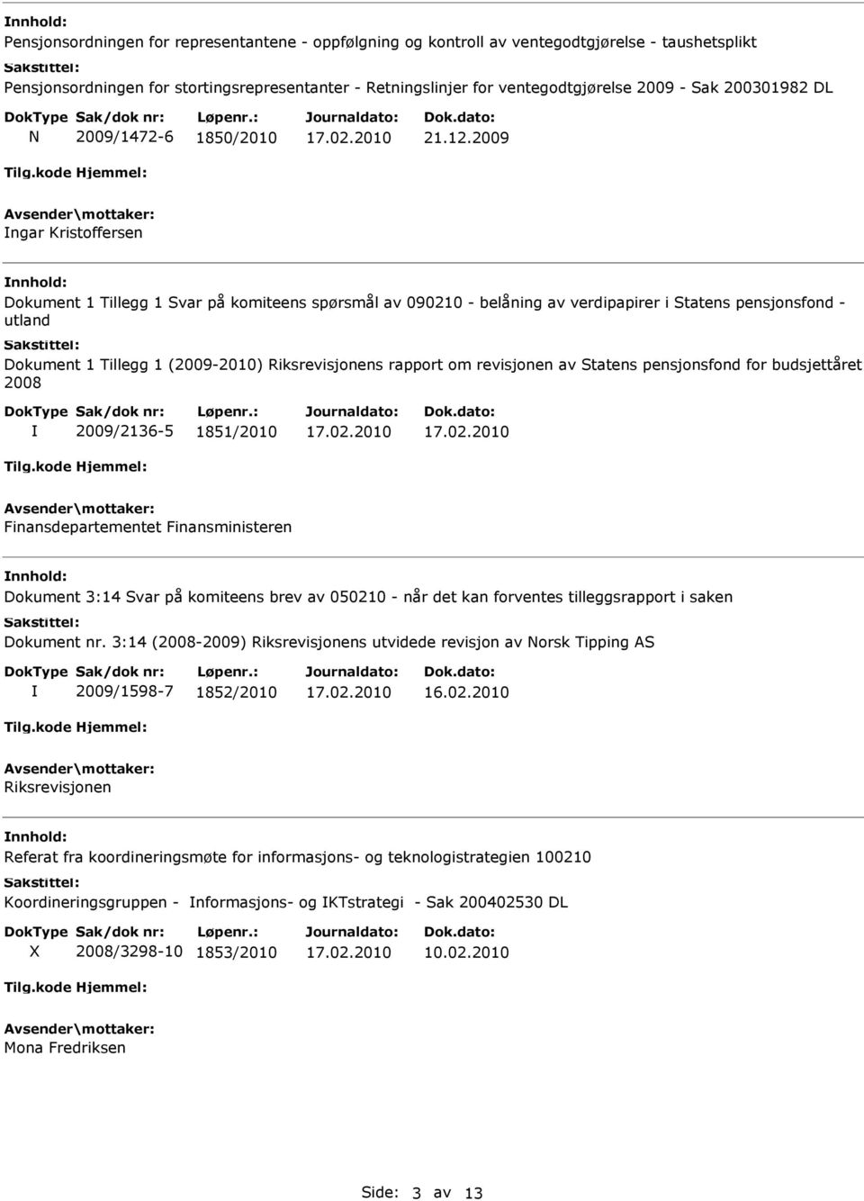 2009 ngar Kristoffersen Dokument 1 Tillegg 1 Svar på komiteens spørsmål av 090210 - belåning av verdipapirer i Statens pensjonsfond - utland Dokument 1 Tillegg 1 (2009-2010) Riksrevisjonens rapport