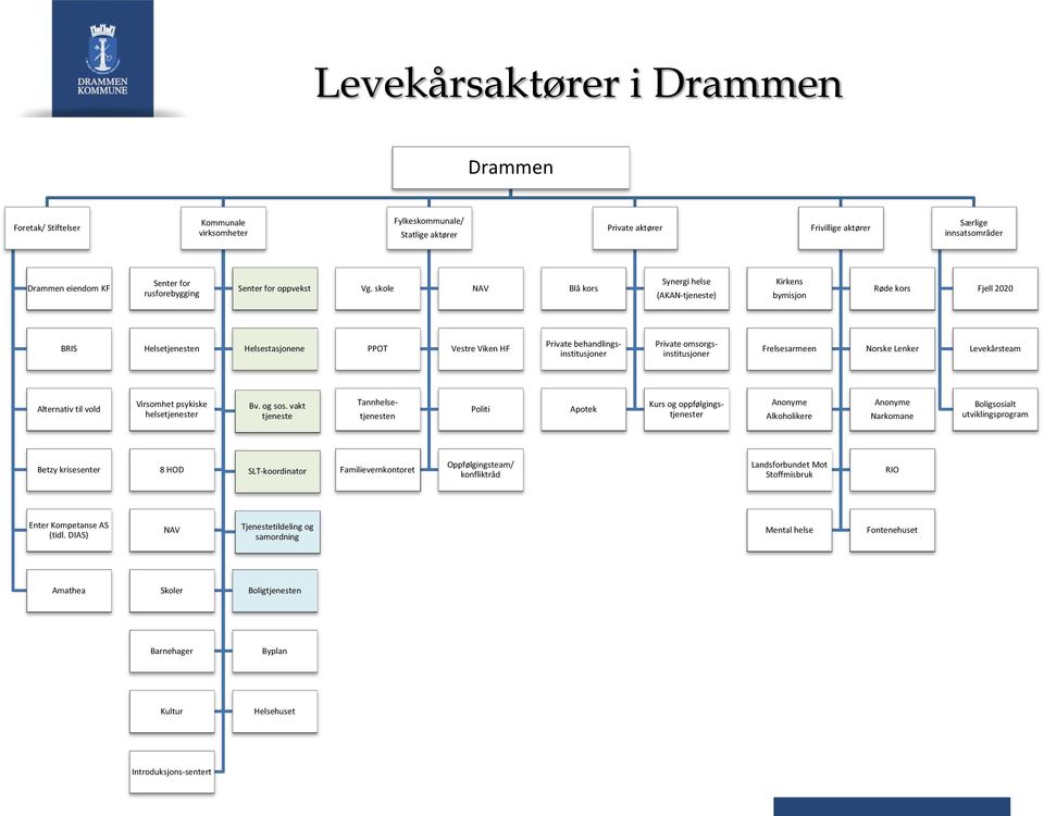 skole NAV Blå kors Synergi helse (AKAN-tjeneste) Kirkens bymisjon Røde kors Fjell 2020 BRIS Helsetjenesten Helsestasjonene PPOT Vestre Viken HF Private behandlingsinstitusjoner Private