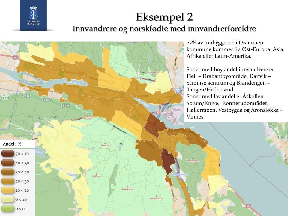 Soner med høy andel innvandrere er Fjell Drabantbyområde, Danvik Strømsø sentrum og Brandengen