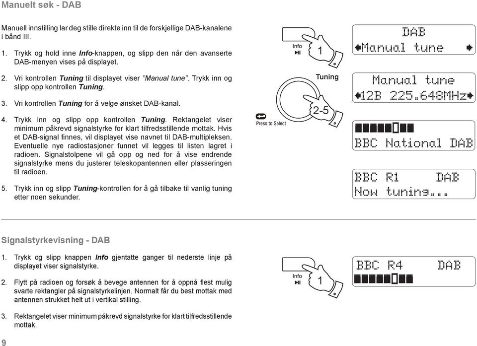 Vri kontrollen Tuning for å velge ønsket DAB-kanal. 4. Trykk inn og slipp opp kontrollen Tuning. Rektangelet viser minimum påkrevd signalstyrke for klart tilfredsstillende mottak.