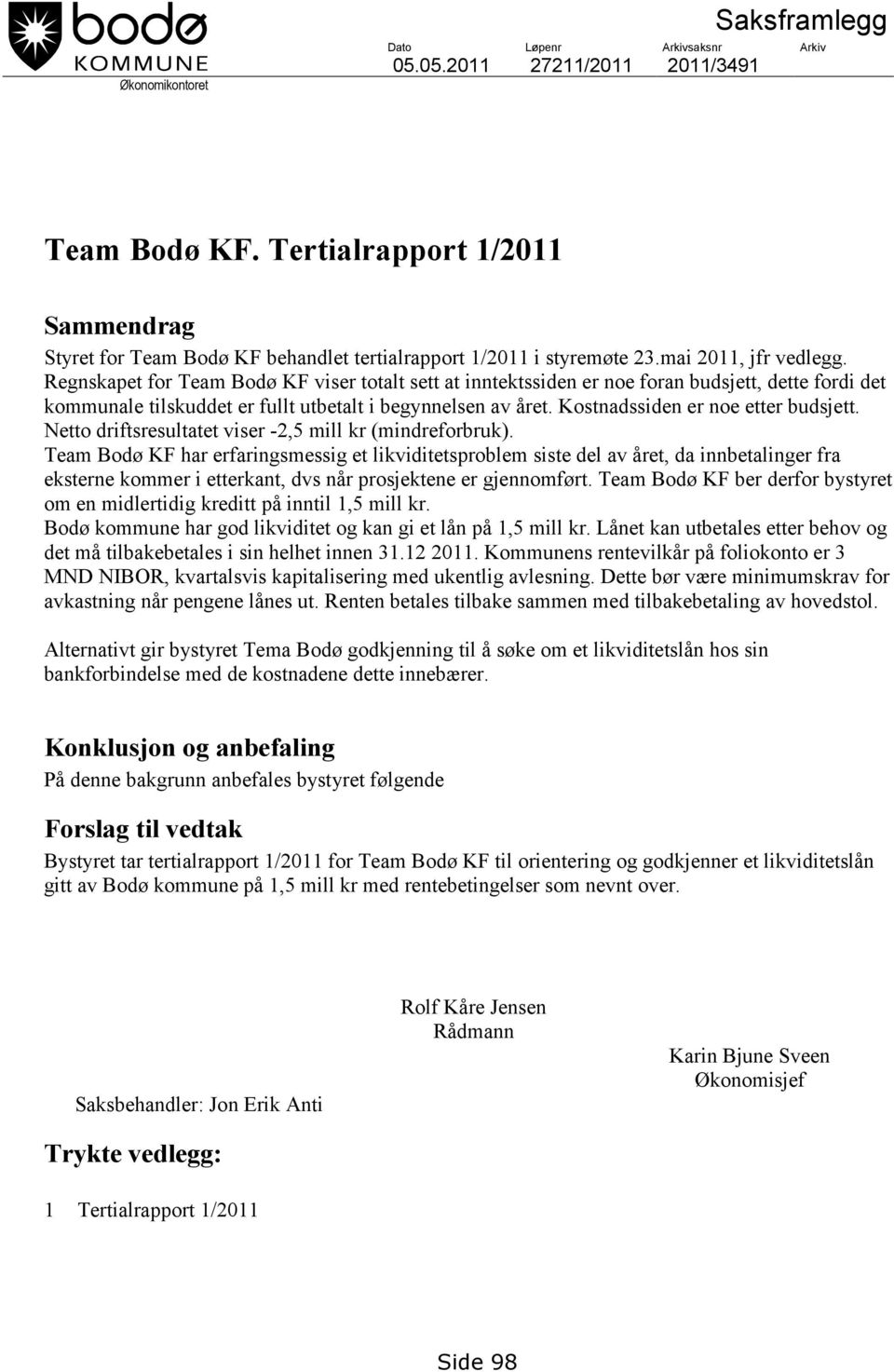 Regnskapet for Team Bodø KF viser totalt sett at inntektssiden er noe foran budsjett, dette fordi det kommunale tilskuddet er fullt utbetalt i begynnelsen av året. Kostnadssiden er noe etter budsjett.