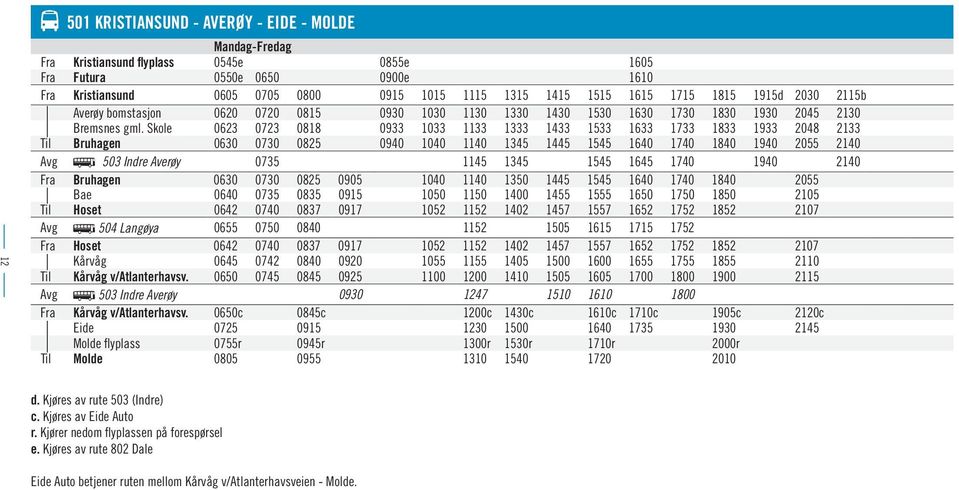 Skole 0623 0723 0818 0933 1033 1133 1333 1433 1533 1633 1733 1833 1933 2048 2133 Til Bruhagen 0630 0730 0825 0940 1040 1140 1345 1445 1545 1640 1740 1840 1940 2055 2140 Avg ß 503 Indre Averøy 0735