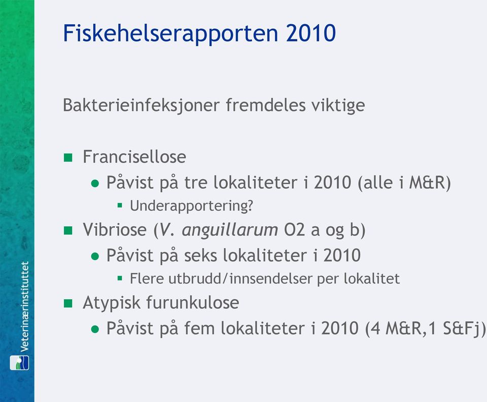 anguillarum O2 a og b) Påvist på seks lokaliteter i 2010 Flere