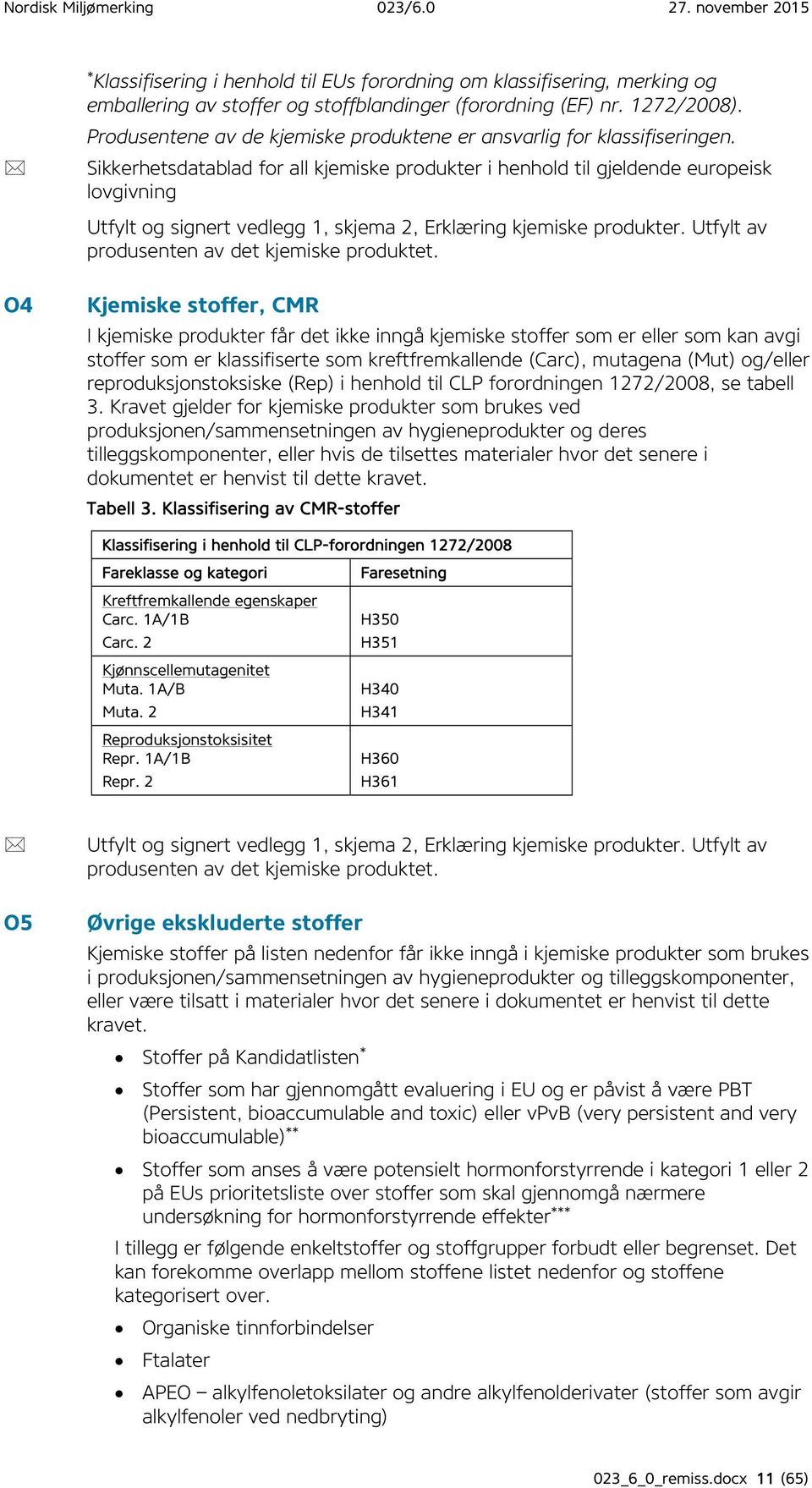 Sikkerhetsdatablad for all kjemiske produkter i henhold til gjeldende europeisk lovgivning Utfylt og signert vedlegg 1, skjema 2, Erklæring kjemiske produkter.