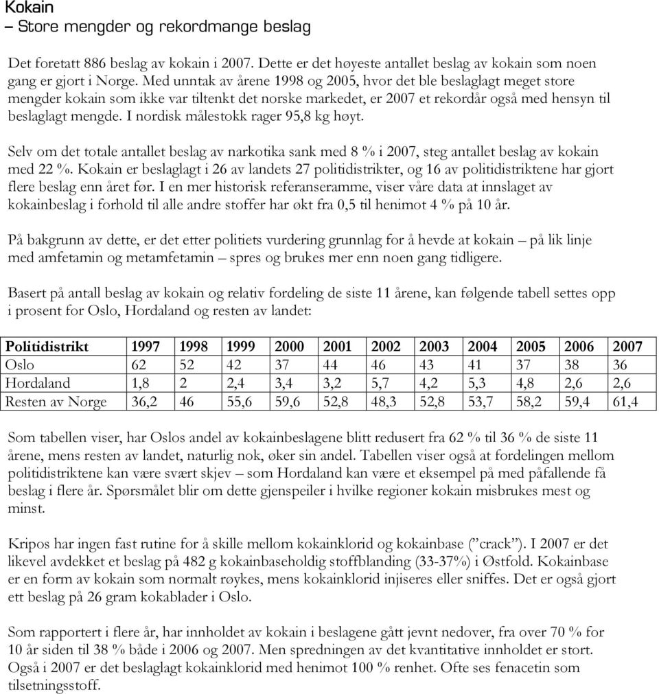 I nordisk målestokk rager 95,8 kg høyt. Selv om det totale antallet beslag a v narkotika sank med 8 % i 2007, steg ant allet beslag av kokain med 22 %.