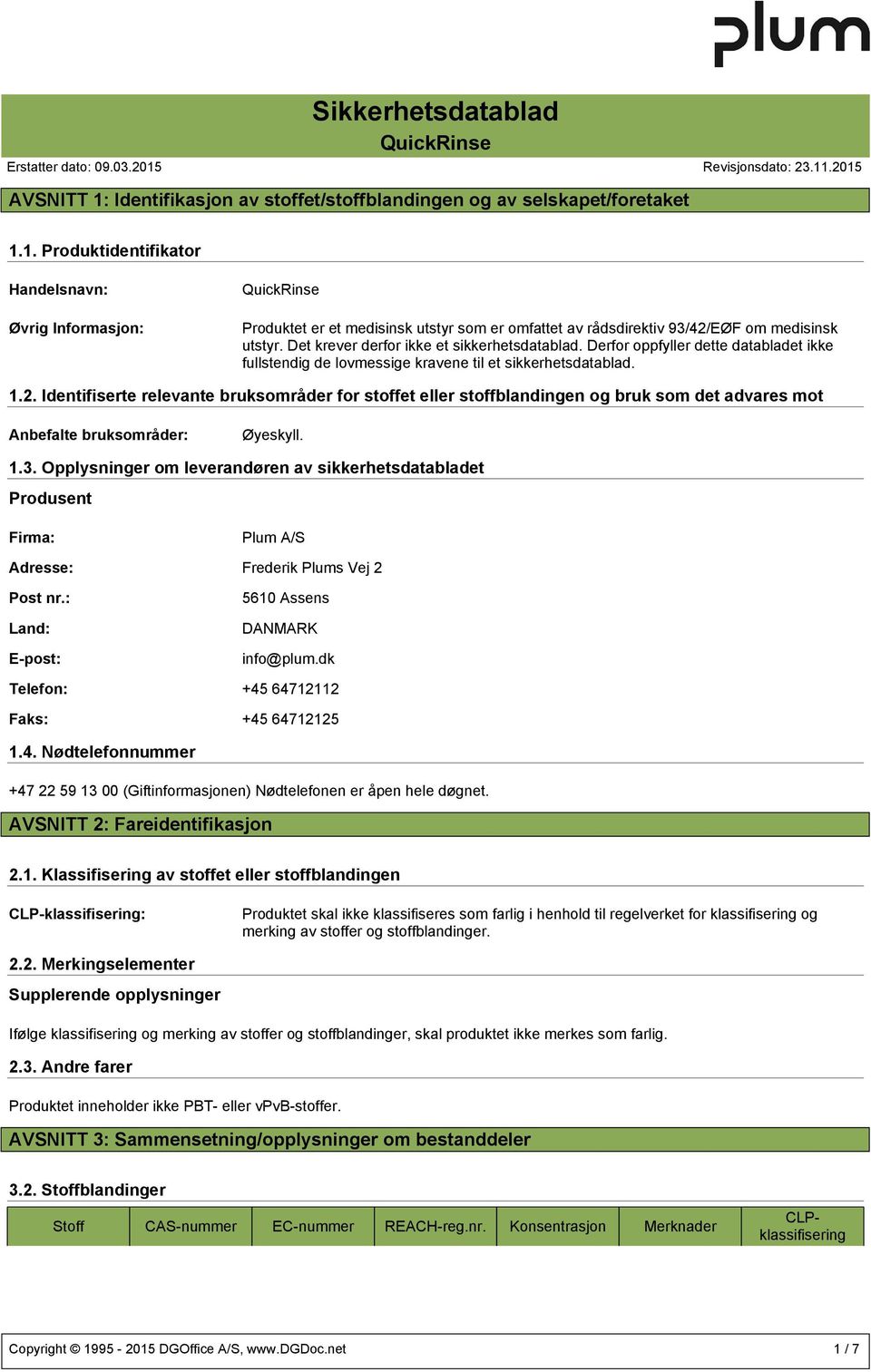 Identifiserte relevante bruksområder for stoffet eller stoffblandingen og bruk som det advares mot Anbefalte bruksområder: Øyeskyll. 1.3.