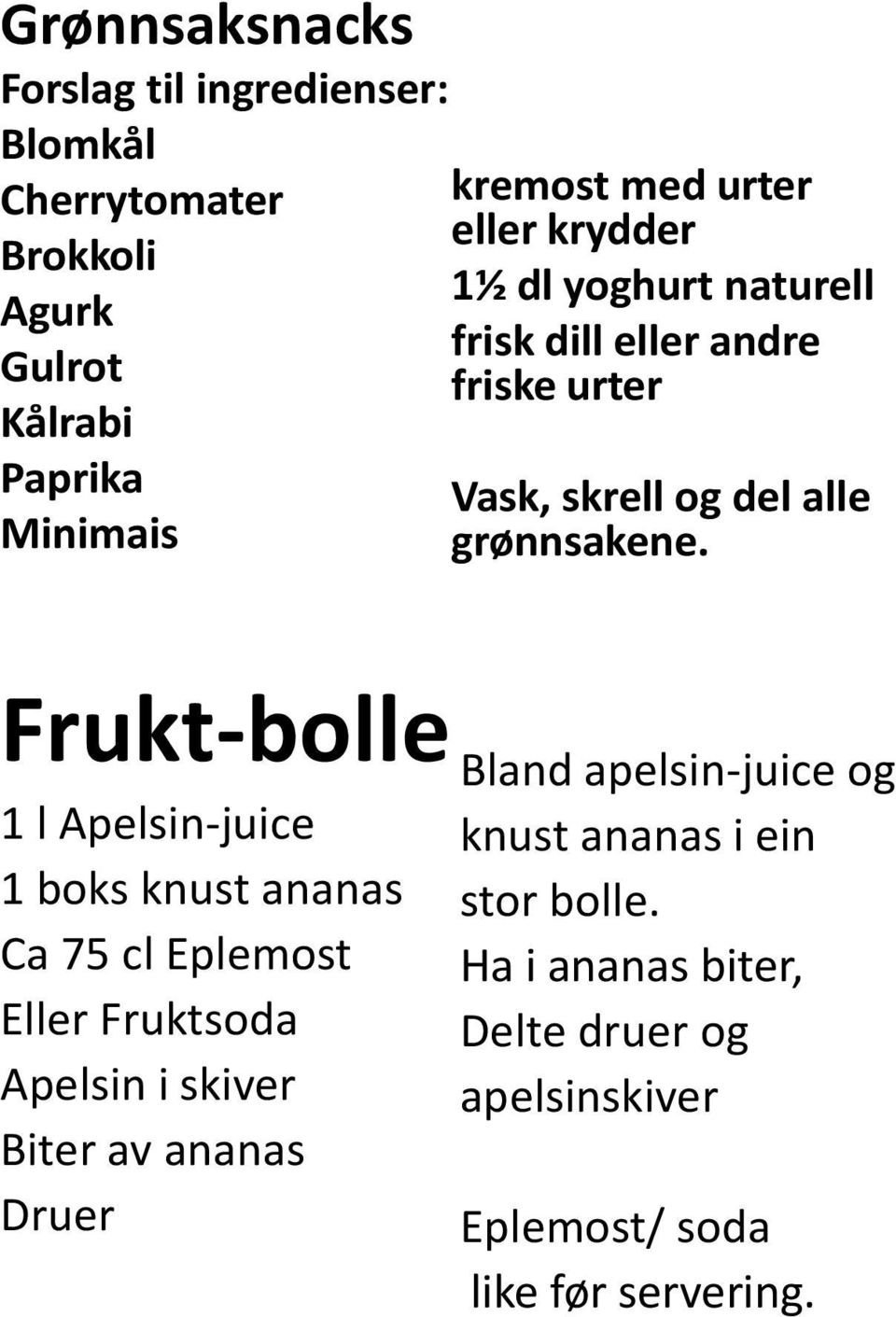 Frukt-bolle 1 l Apelsin-juice 1 boks knust ananas Ca 75 cl Eplemost Eller Fruktsoda Apelsin i skiver Biter av ananas Druer