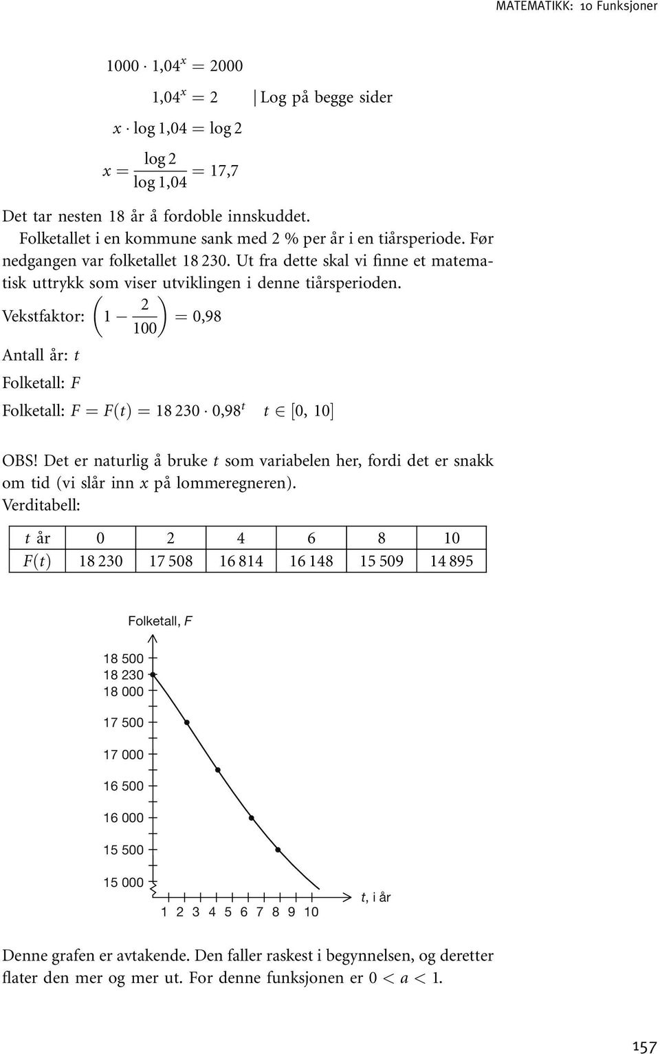 Vekstfaktor: 1 2 ¼ 0,98 100 Antall år: t Folketall: F Folketall: F ¼ FðtÞ ¼18 230 0,98 t t 2½0, 10Š OBS!