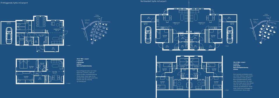 plan. Hytten har 4 soverom, 2 bad, stor loftstue og åpen stue/kjøkkenløsning i første etasje. Carport gjør at man kan kjøre helt opp til hytta, og har bilen stående under tak.