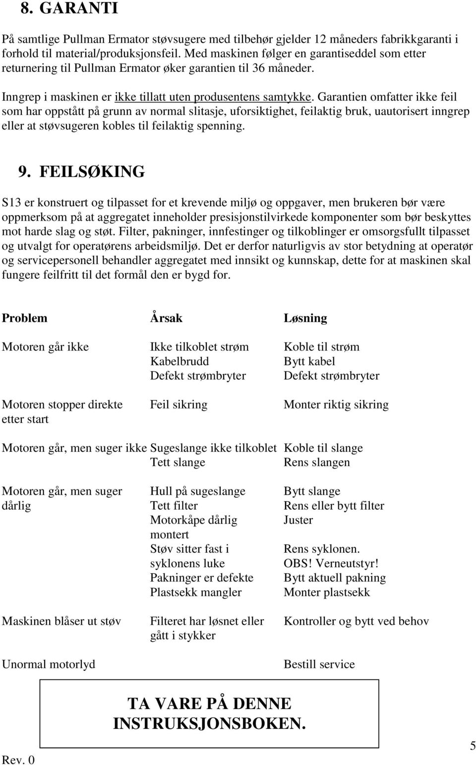 Garantien omfatter ikke feil som har oppstått på grunn av normal slitasje, uforsiktighet, feilaktig bruk, uautorisert inngrep eller at støvsugeren kobles til feilaktig spenning. 9.