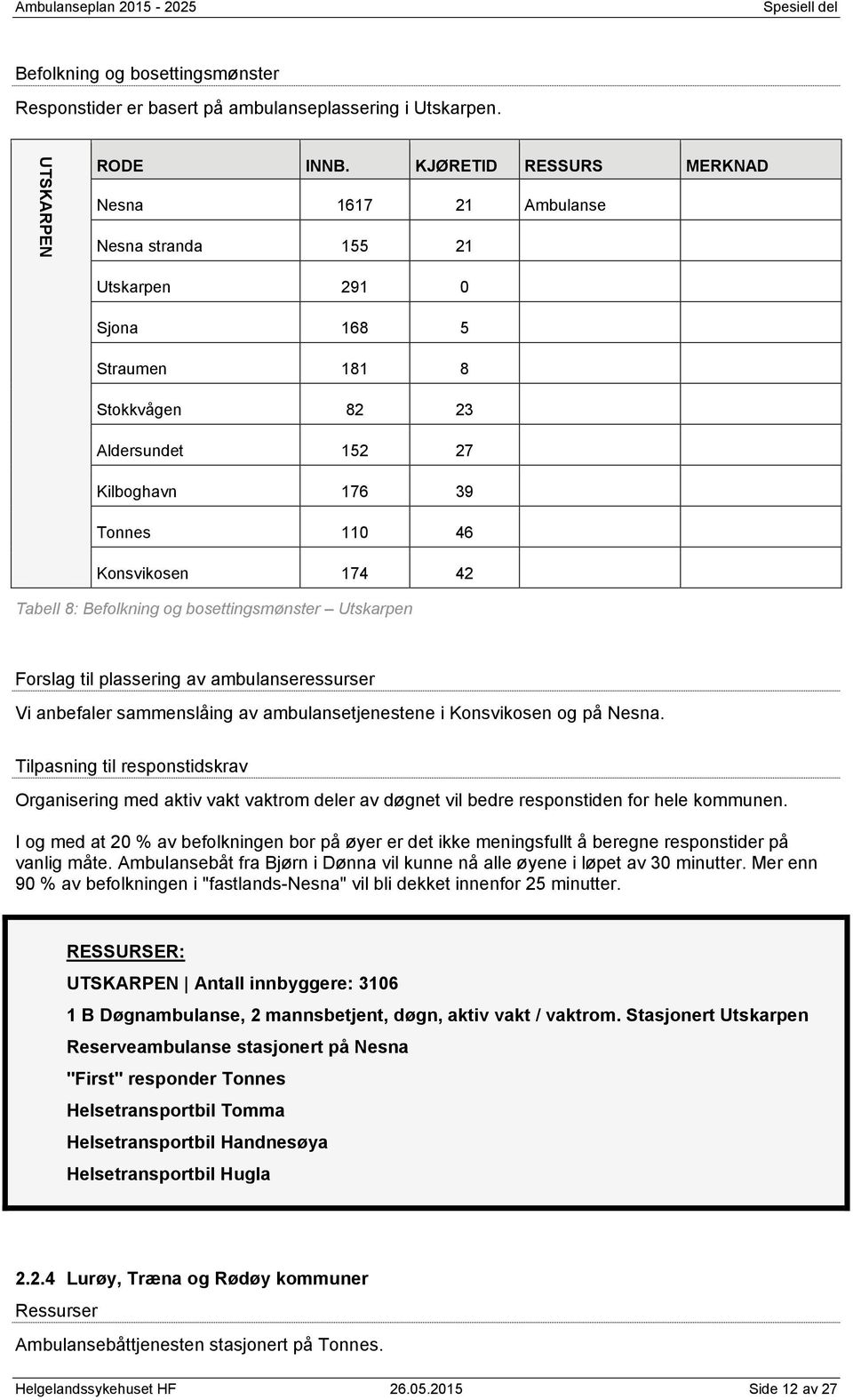 Tabell 8: Befolkning og bosettingsmønster Utskarpen Forslag til plassering av ambulanseressurser Vi anbefaler sammenslåing av ambulansetjenestene i Konsvikosen og på Nesna.