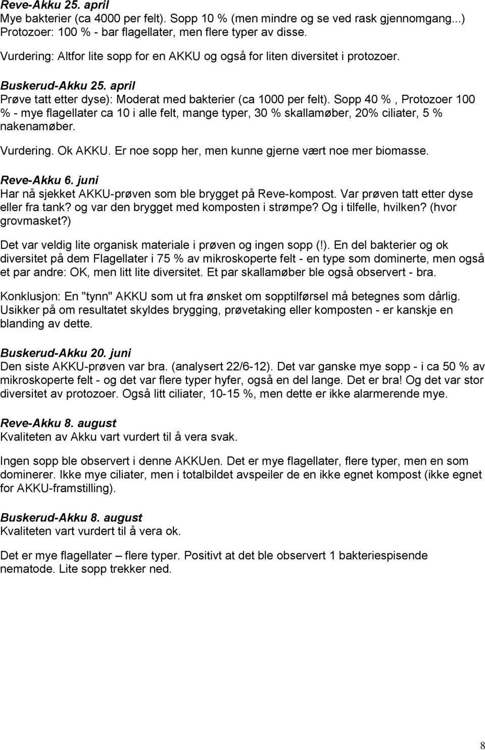 Sopp 40 %, Protozoer 100 % - mye flagellater ca 10 i alle felt, mange typer, 30 % skallamøber, 20% ciliater, 5 % nakenamøber. Vurdering. Ok AKKU.