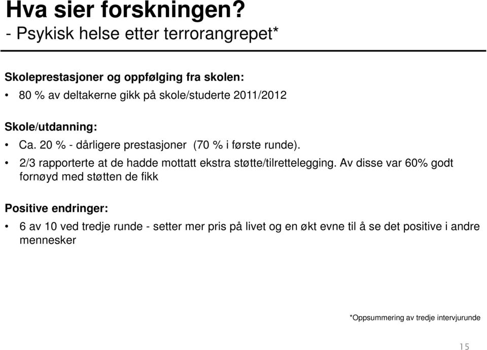 2011/2012 Skole/utdanning: Ca. 20 % - dårligere prestasjoner (70 % i første runde).