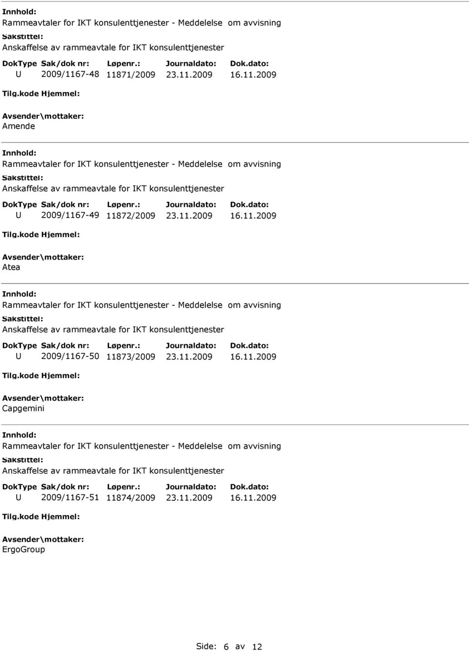 Rammeavtaler for KT konsulenttjenester - Meddelelse om avvisning Anskaffelse av rammeavtale for KT konsulenttjenester 2009/1167-50 11873/2009 Capgemini