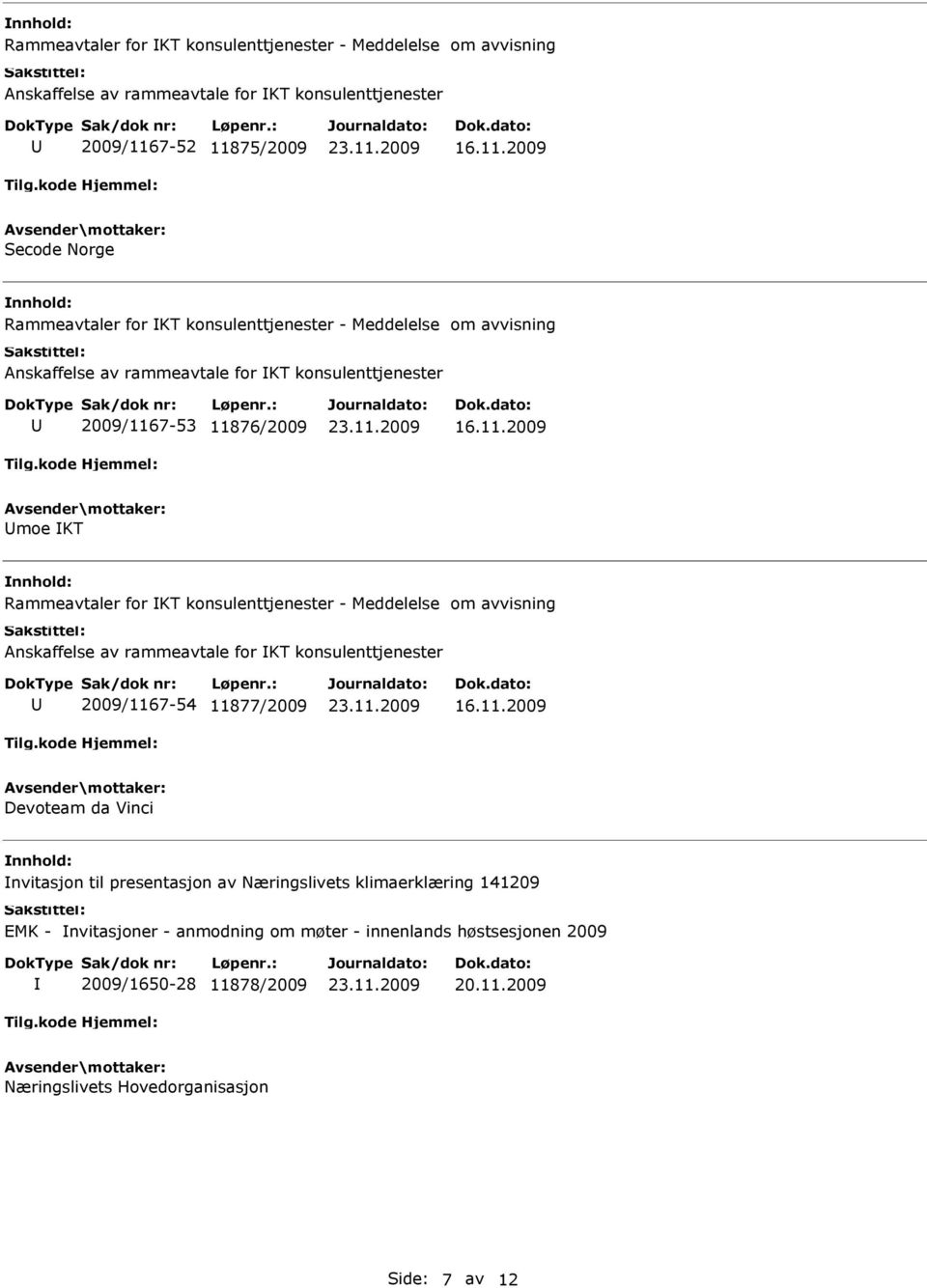 konsulenttjenester - Meddelelse om avvisning Anskaffelse av rammeavtale for KT konsulenttjenester 2009/1167-54 11877/2009 Devoteam da Vinci nvitasjon til presentasjon