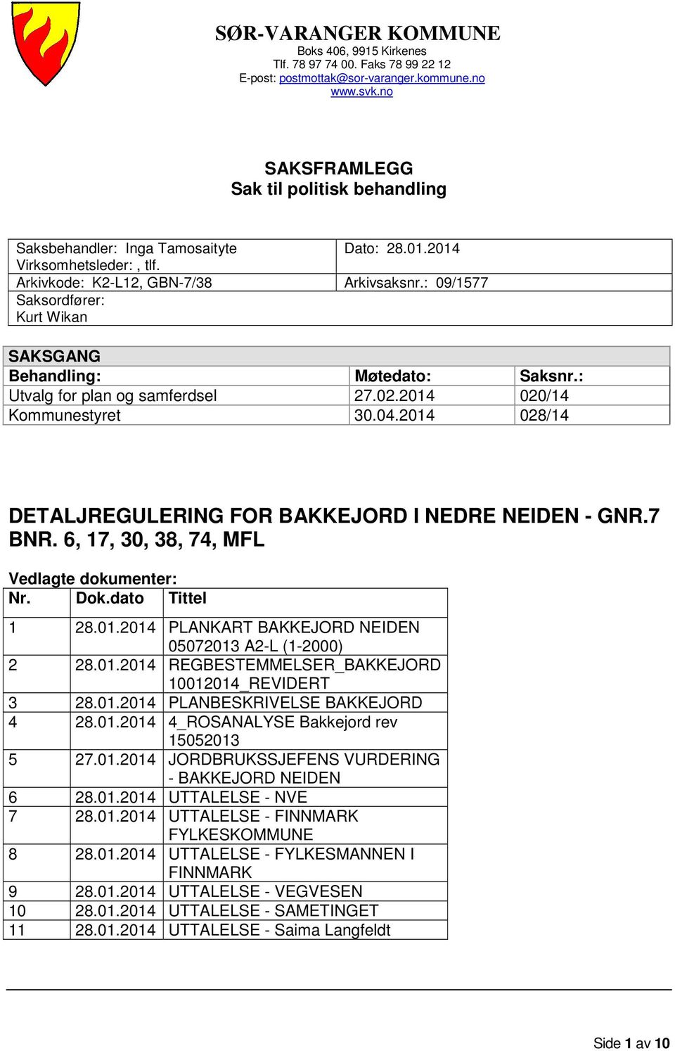 : 09/1577 Saksordfører: Kurt Wikan SAKSGANG Behandling: Møtedato: Saksnr.: Utvalg for plan og samferdsel 27.02.2014 020/14 Kommunestyret 30.04.