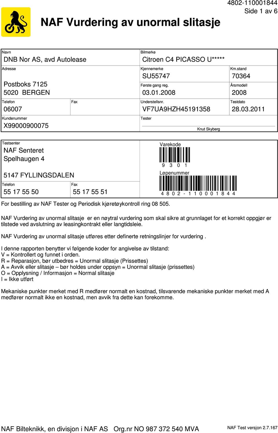 01.2008 Understellsnr. VF7UA9HZH45191358 Tester Knut Skyberg Km.stand 7036