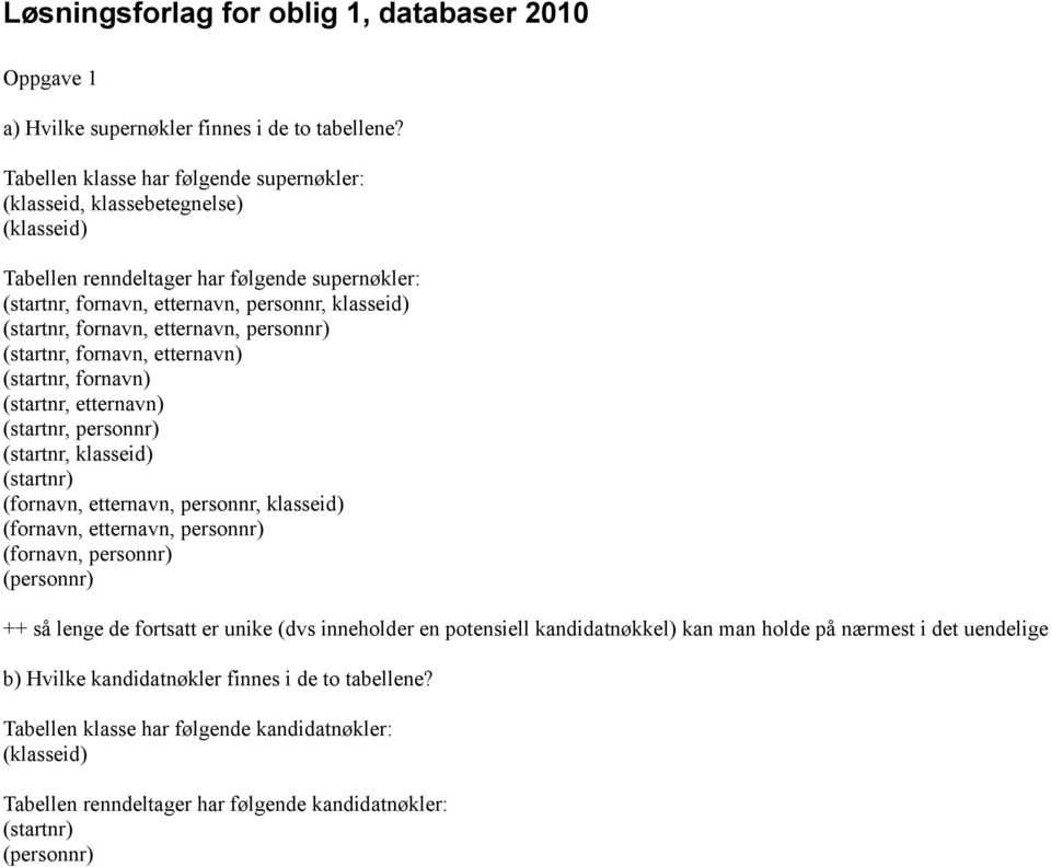etternavn, personnr) (startnr, fornavn, etternavn) (startnr, fornavn) (startnr, etternavn) (startnr, personnr) (startnr, klasseid) (startnr) (fornavn, etternavn, personnr, klasseid) (fornavn,