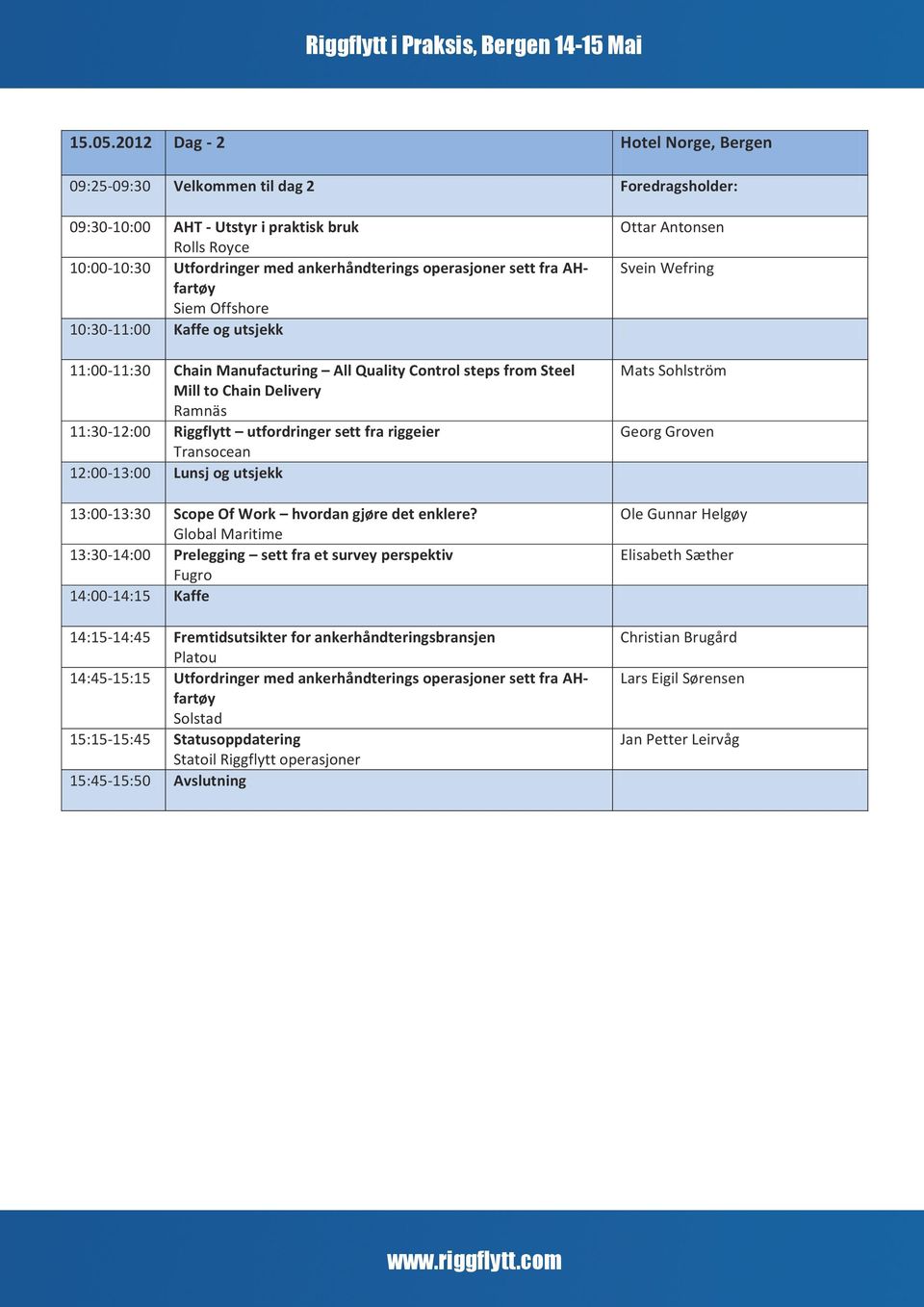 fra AHfartøy Siem Offshore 10:30-11:00 Kaffe og utsjekk 11:00-11:30 Chain Manufacturing All Quality Control steps from Steel Mill to Chain Delivery Ramnäs 11:30-12:00 Riggflytt utfordringer sett fra