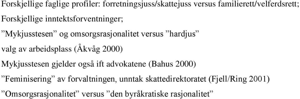 arbeidsplass (Åkvåg 2000) Mykjusstesen gjelder også ift advokatene (Bahus 2000) Feminisering av