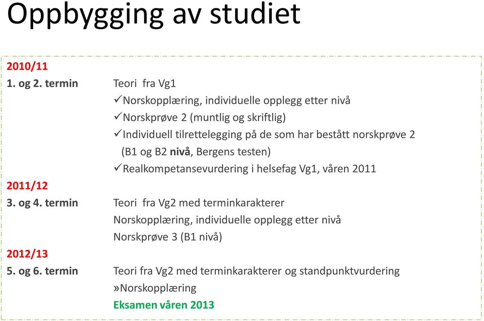 på de som har bestått norskprøve 2 (B1 og B2 nivå, Bergens testen) Realkompetansevurdering i helsefag Vg1, våren 2011 2011/12 3. og 4.
