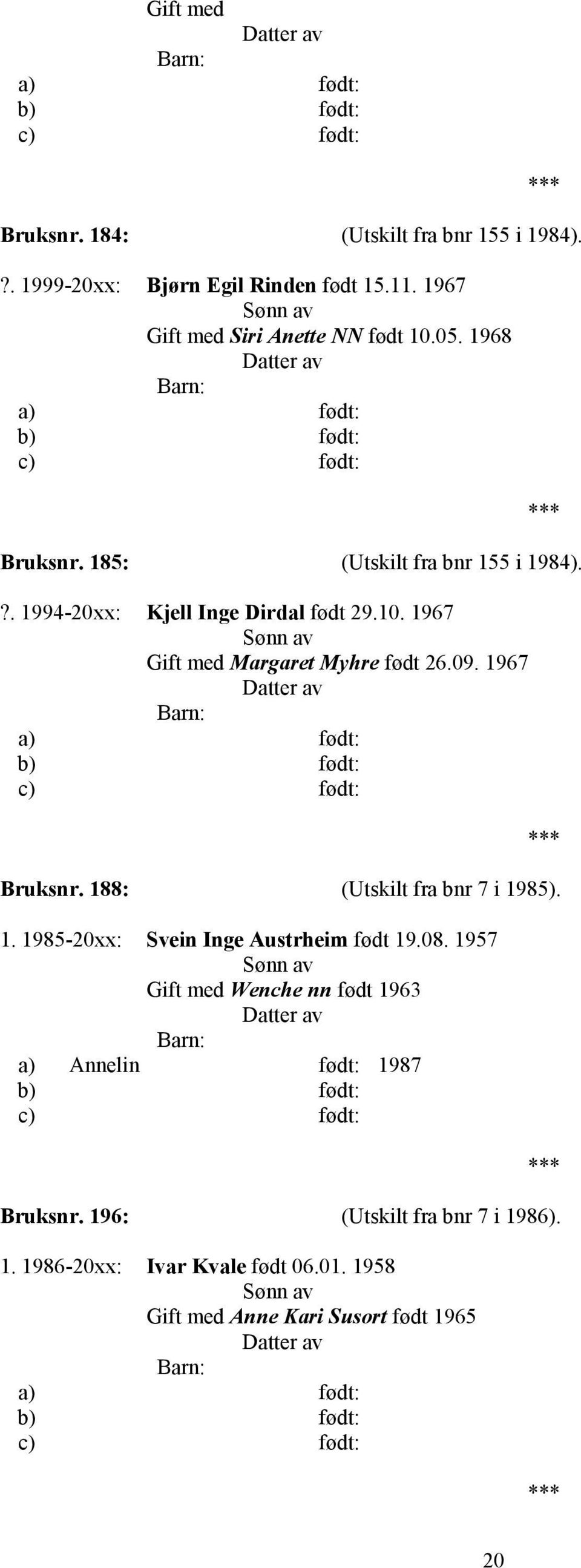 1967 Bruksnr. 188: (Utskilt fra bnr 7 i 1985). 1. 1985-20xx: Svein Inge Austrheim født 19.08.