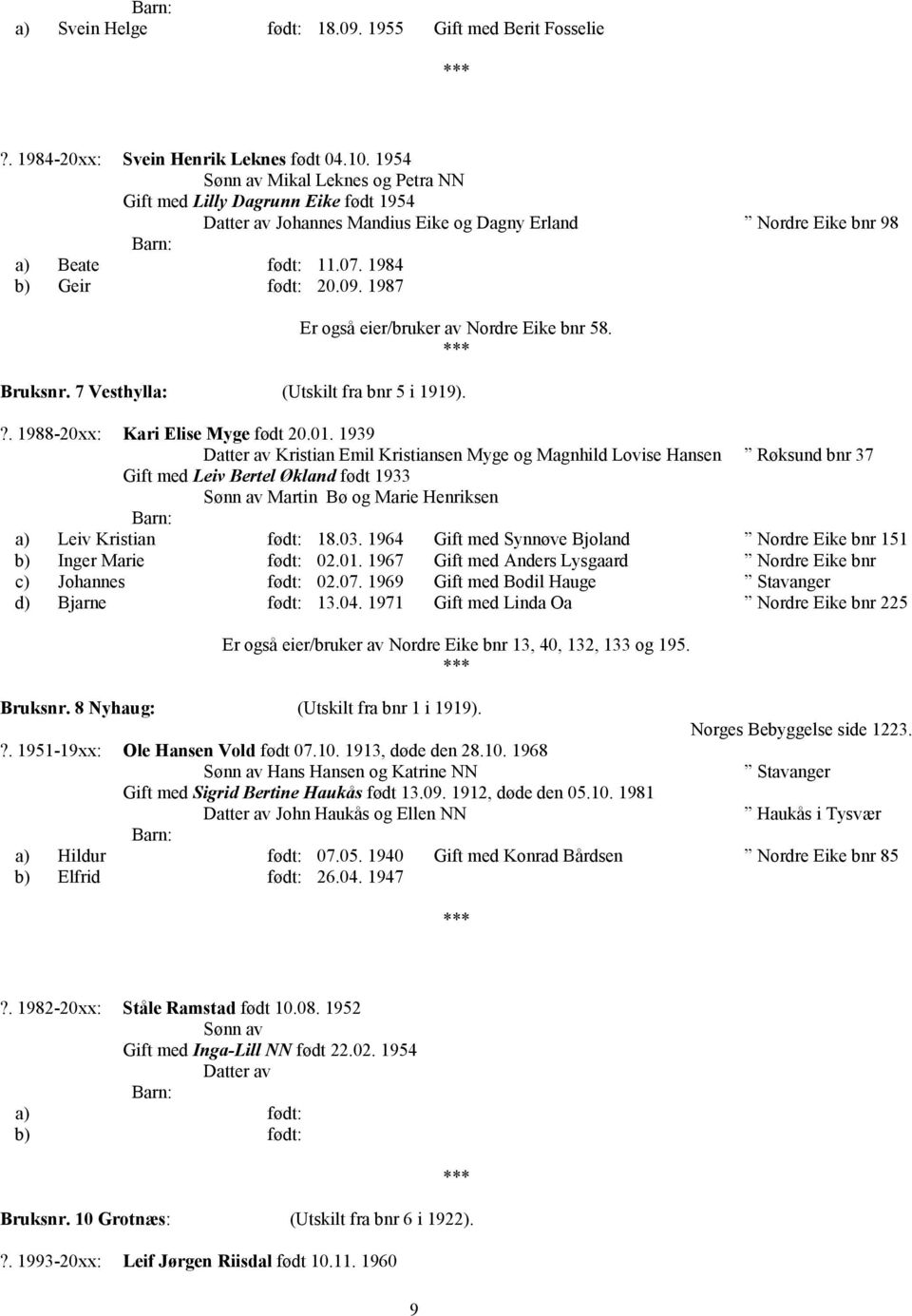 1987 Er også eier/bruker av Nordre Eike bnr 58. Bruksnr. 7 Vesthylla: (Utskilt fra bnr 5 i 1919).?. 1988-20xx: Kari Elise Myge født 20.01.