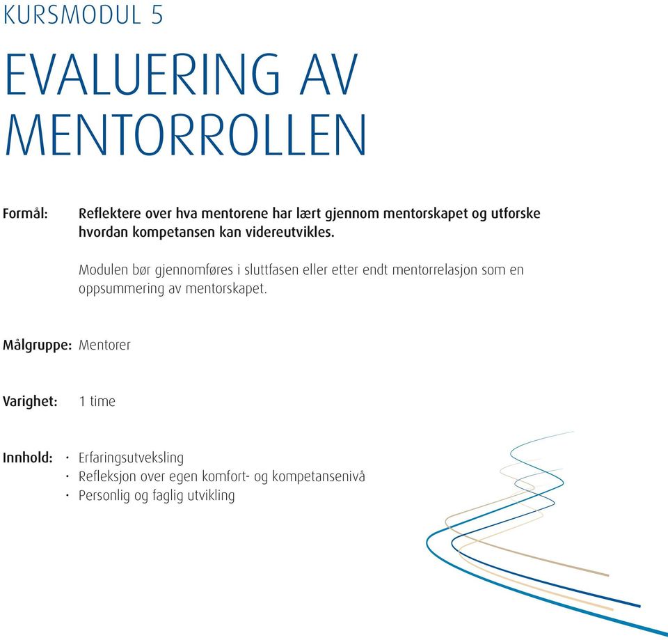 modulen bør gjennomføres i sluttfasen eller etter endt mentorrelasjon som en oppsummering av